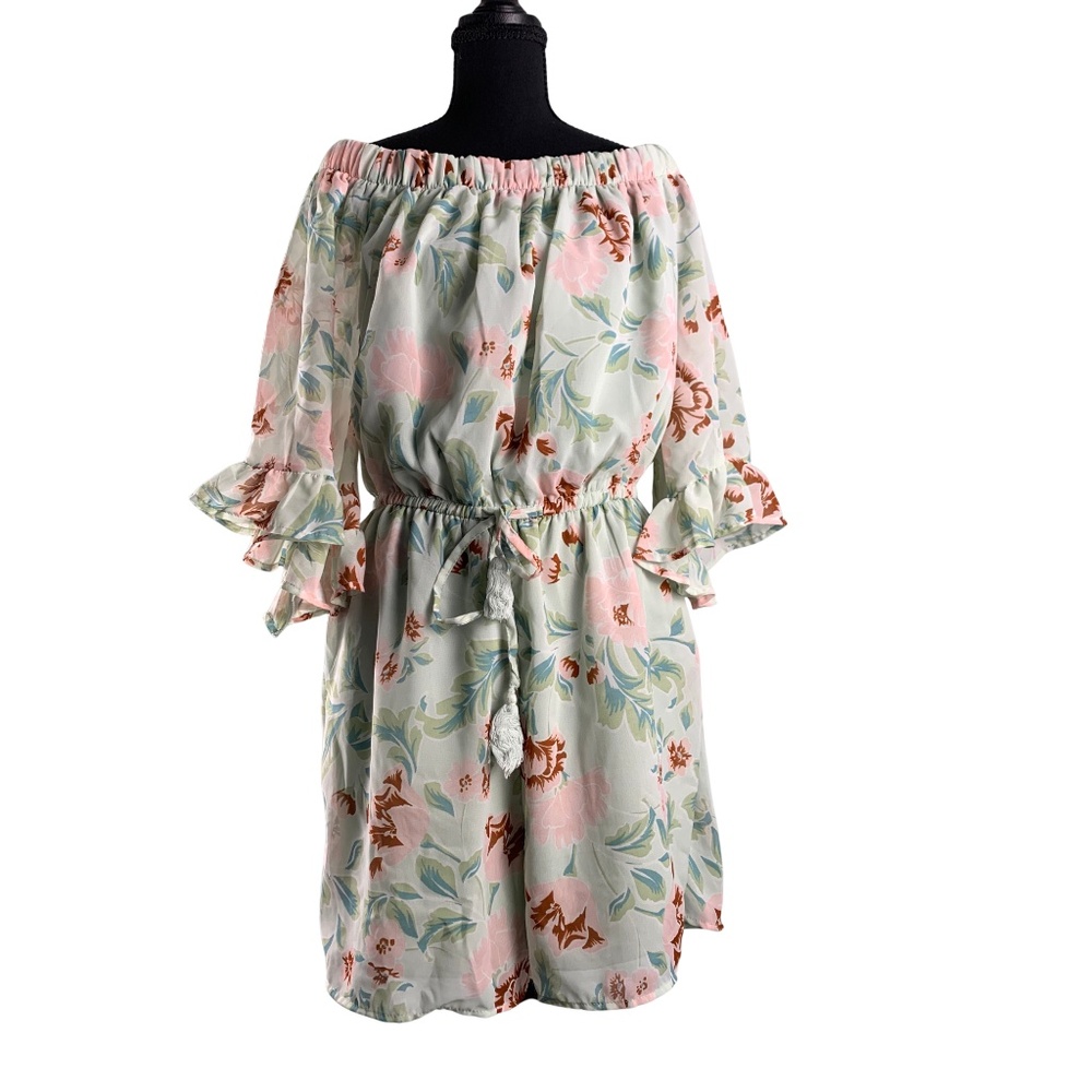 Indulge Mint Green Floral Off Shoulder Romper Women's 1X Cottagecore Peasant